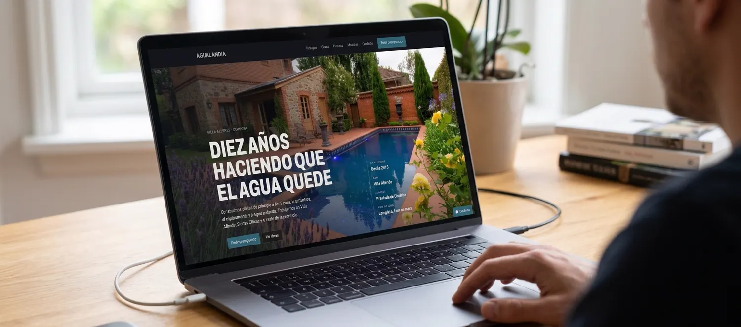The Agualandia home page on a laptop: the finished pool and the headline about ten years of getting the water right