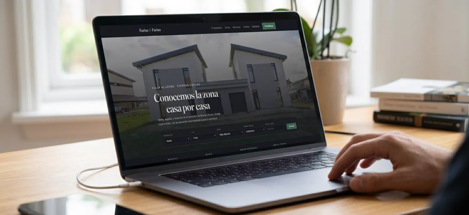 The Farias y Farias home page on a laptop: a house in the hills and the property search