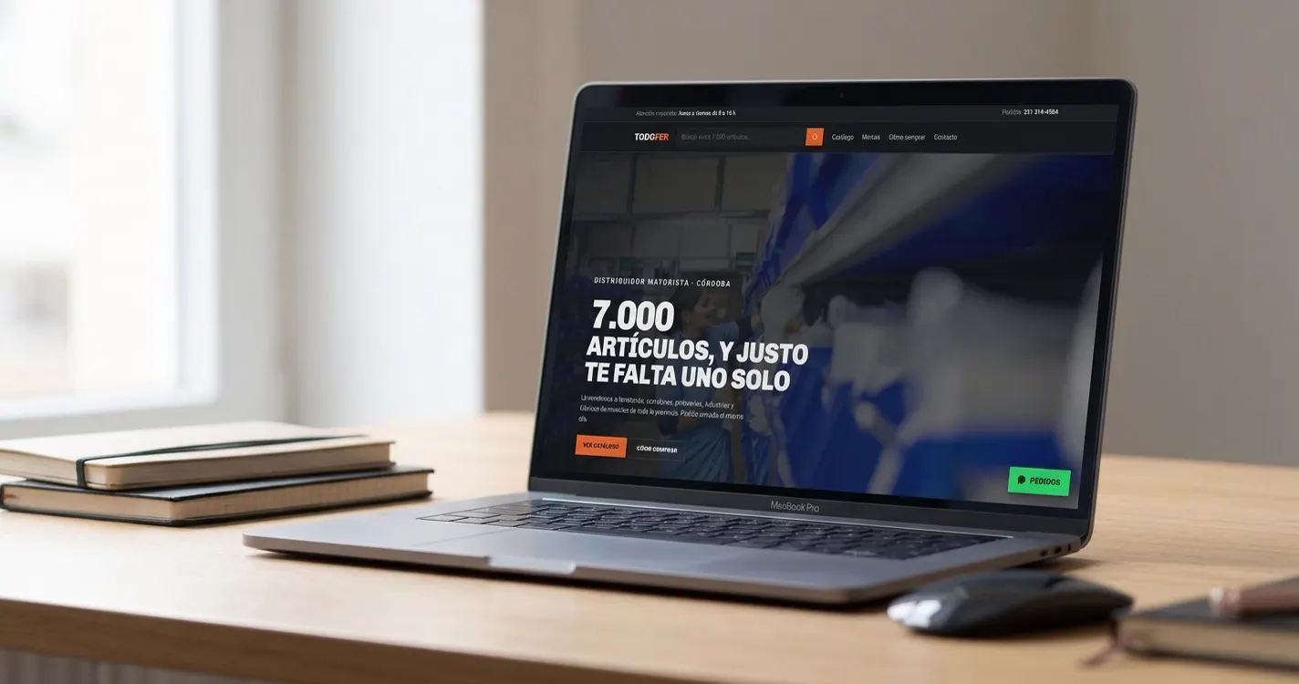 The Todo Fer home page on a laptop: the figure of 7,000 items over a photo of the warehouse