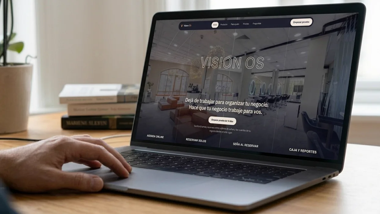 The Vision OS home page on a laptop: the outlined name over a photo of a salon, and four columns for online booking, self-service bookings, deposit at booking and till reports